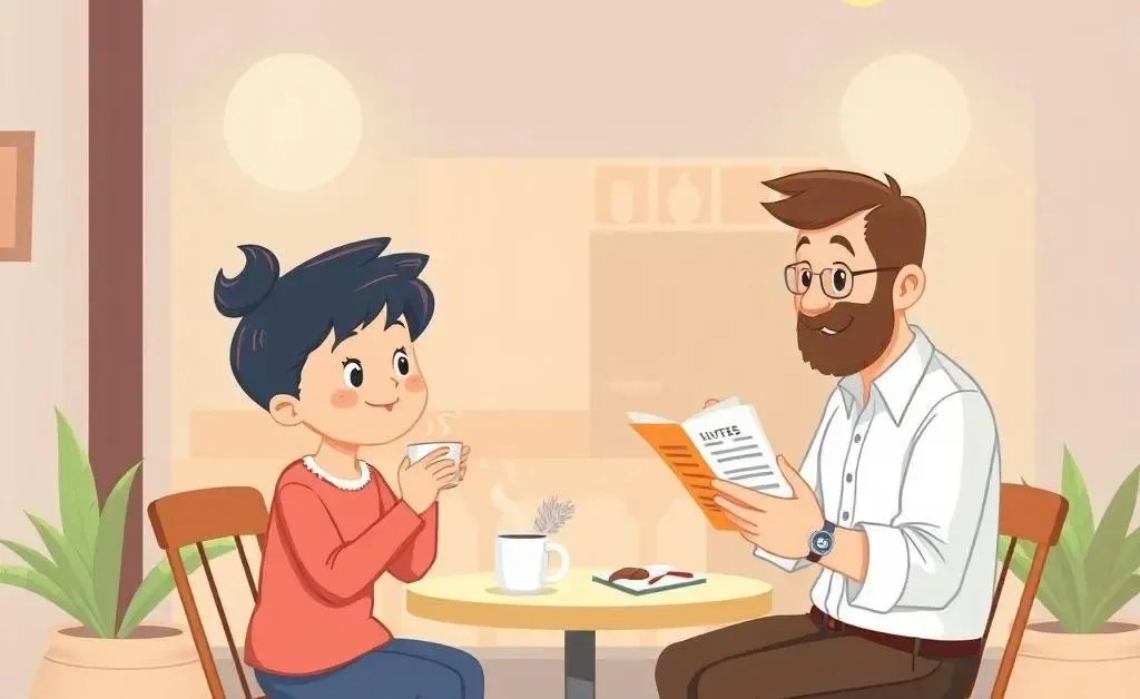 A cartoon of a person discussing insurance options with an advisor over coffee