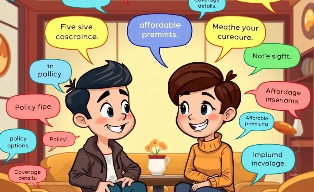 Cartoon people discussing insurance in a cozy setting with speech bubbles.