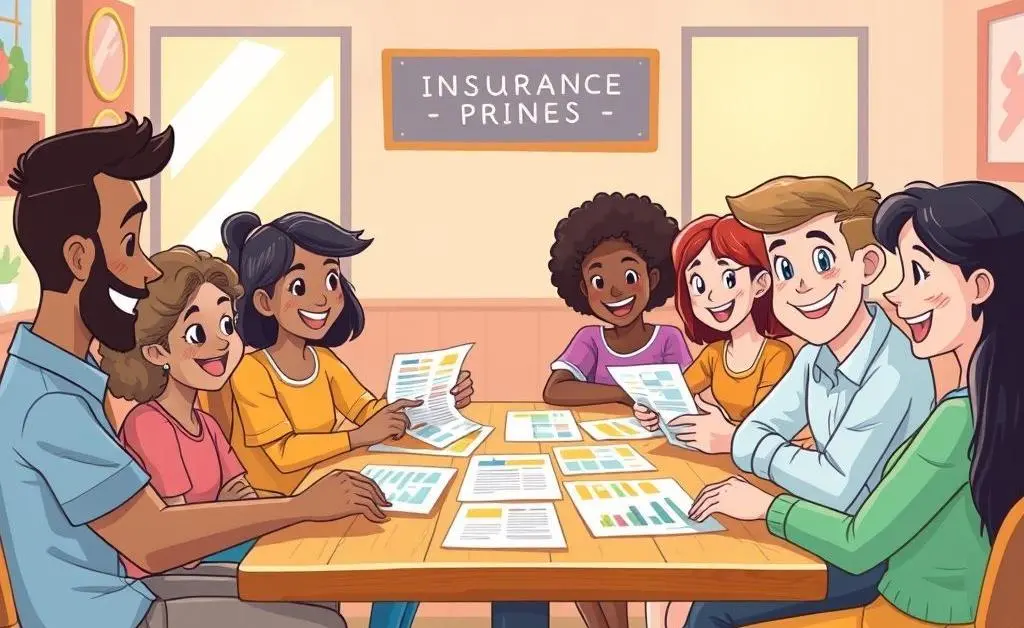 People discussing insurance options at a table.