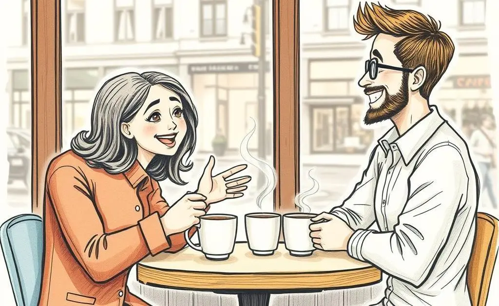 Hand-drawn style of two friends discussing insurance options with coffee in hand.