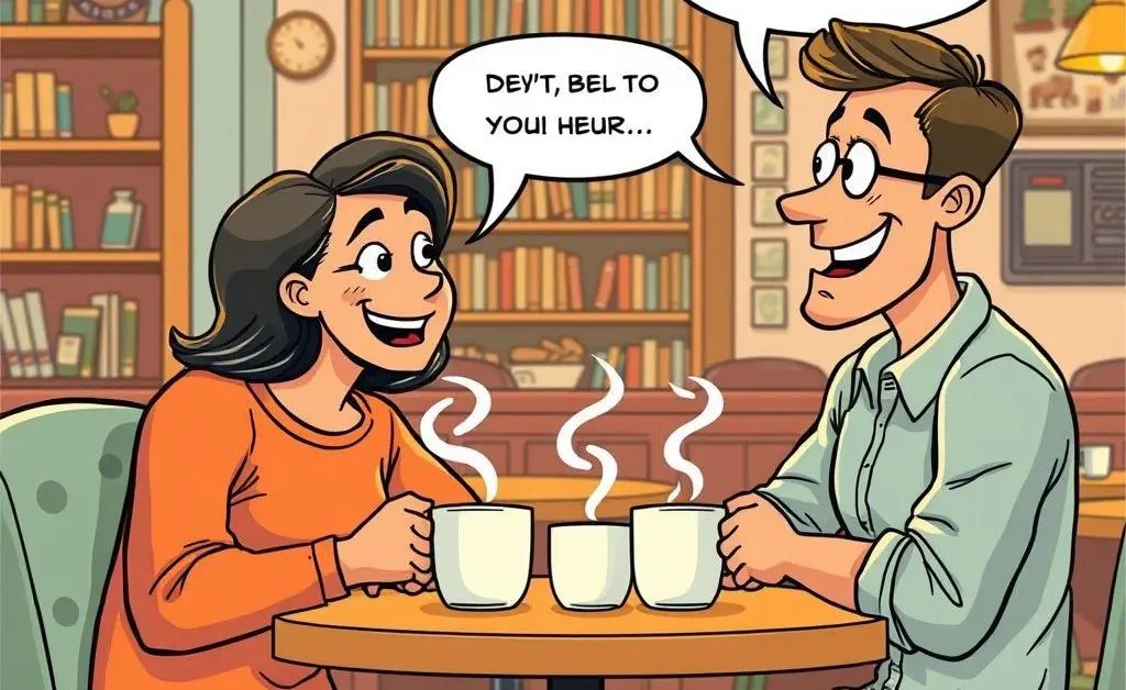 Two friends discussing insurance topics over coffee in a cartoon style