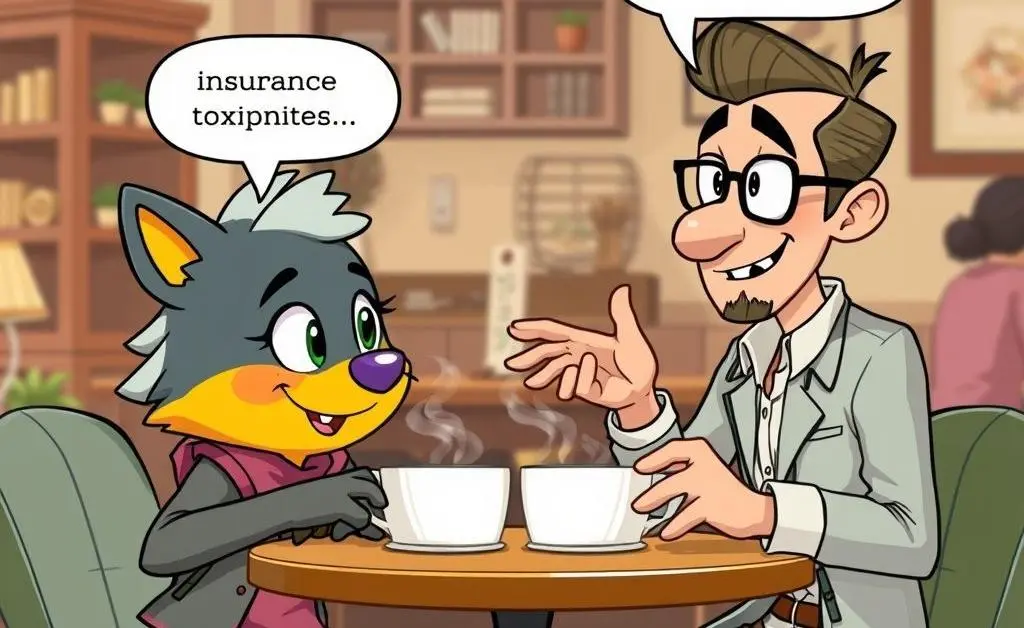 Characters discussing insurance over coffee