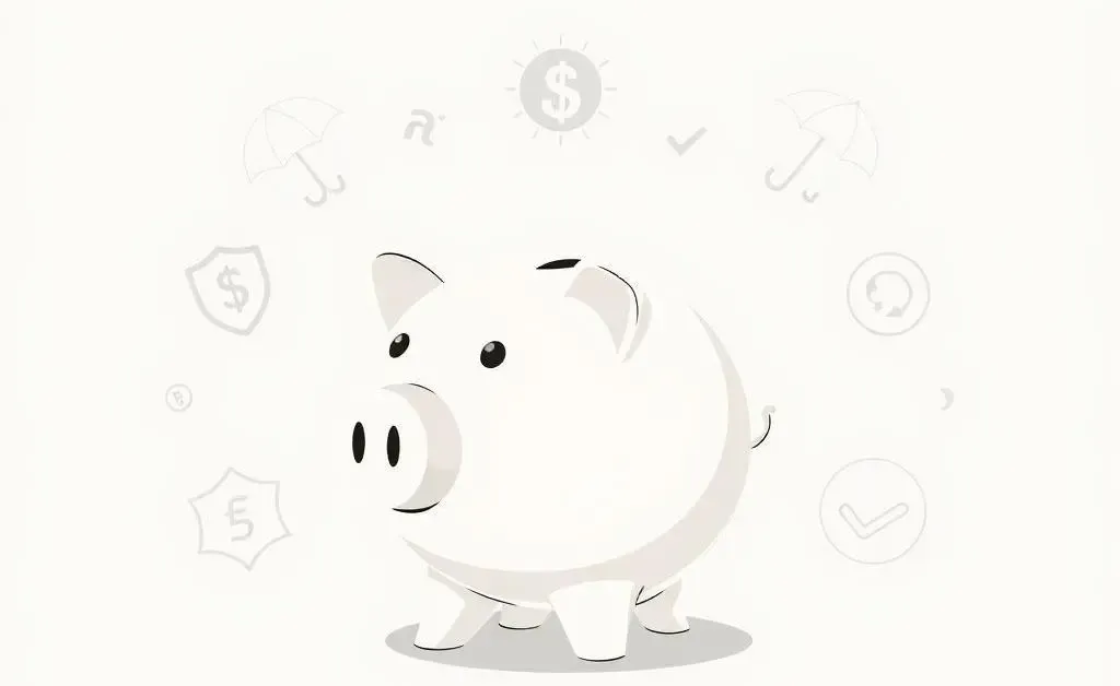 A piggy bank with insurance-related symbols around it.