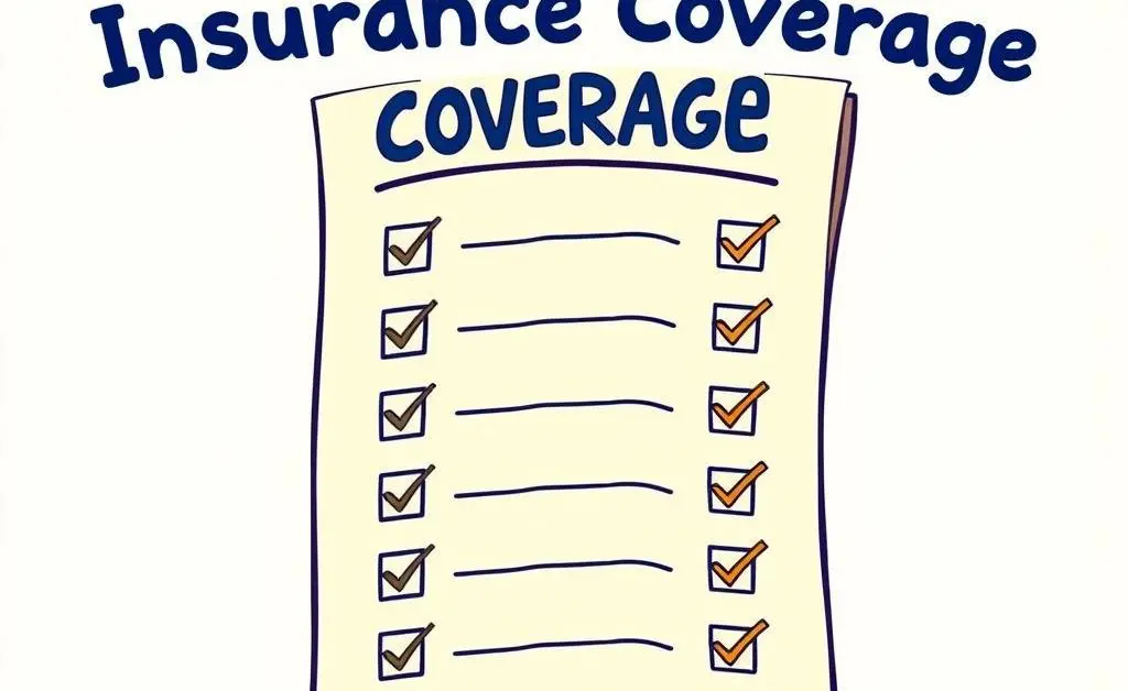 Cartoon-style image of a checklist titled 'Insurance Coverage' with items ticked off