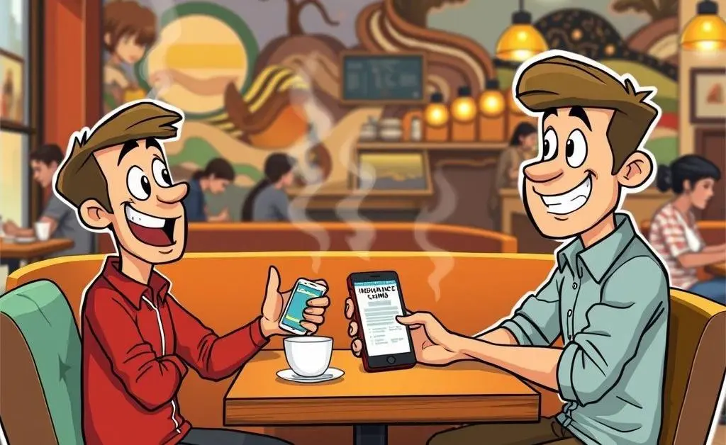 Two cartoon-style characters discussing car insurance claims at a coffee shop