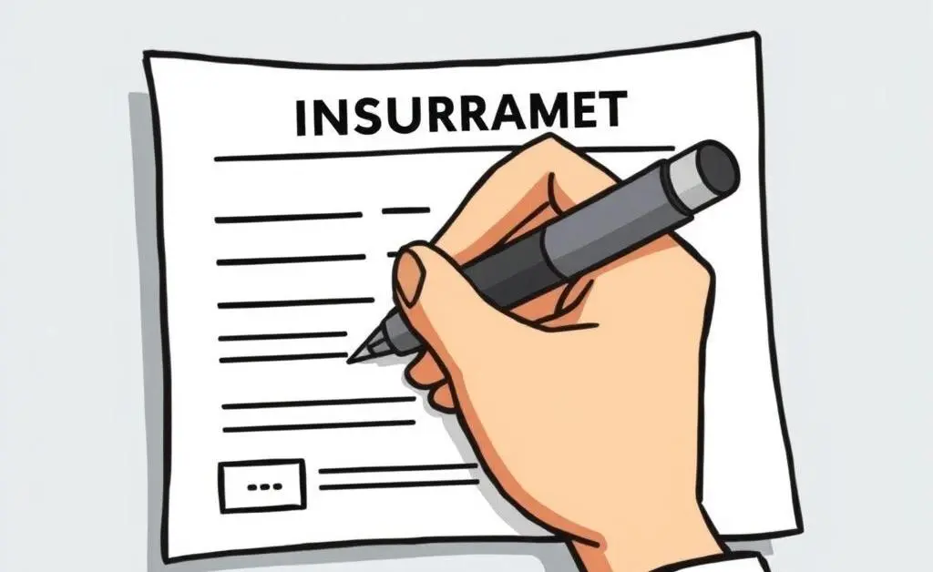 Cartoon-style hand filling out an insurance document with a pen