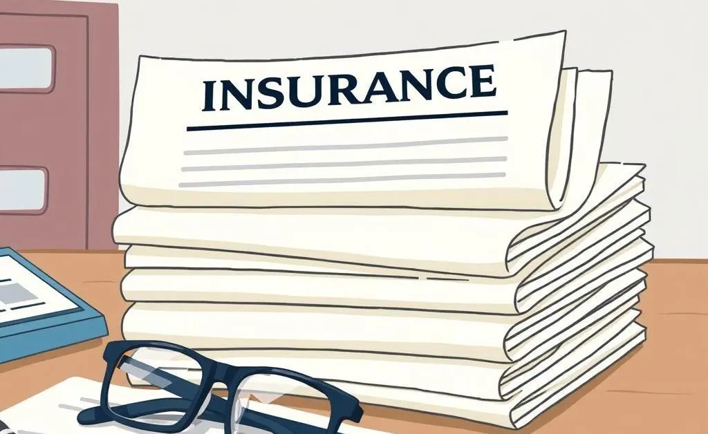Stack of insurance documents on a desk with a pair of glasses