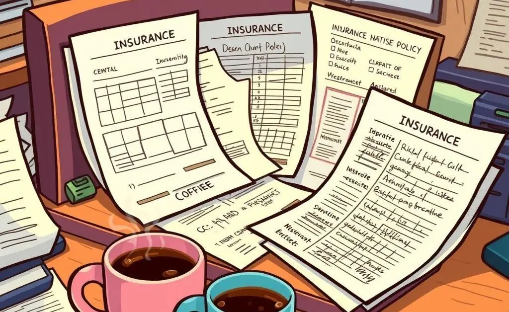 Cartoon-style desk with open insurance documents and a cup of coffee.