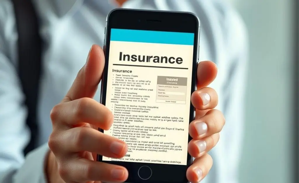 A person holding a smartphone with insurance documents visible on the screen.