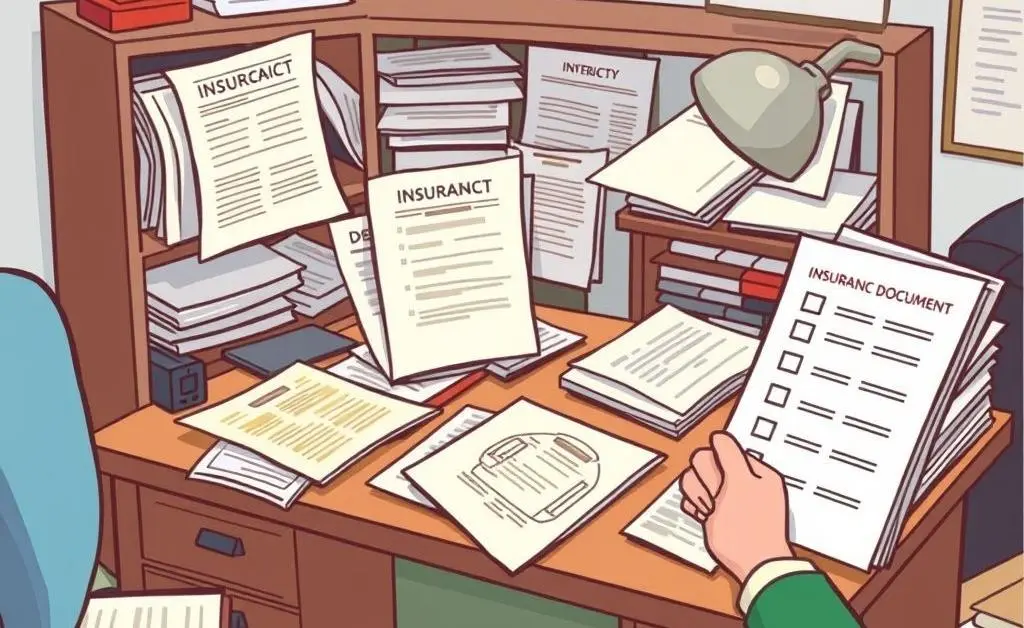 A desk cluttered with insurance documents with a checklist