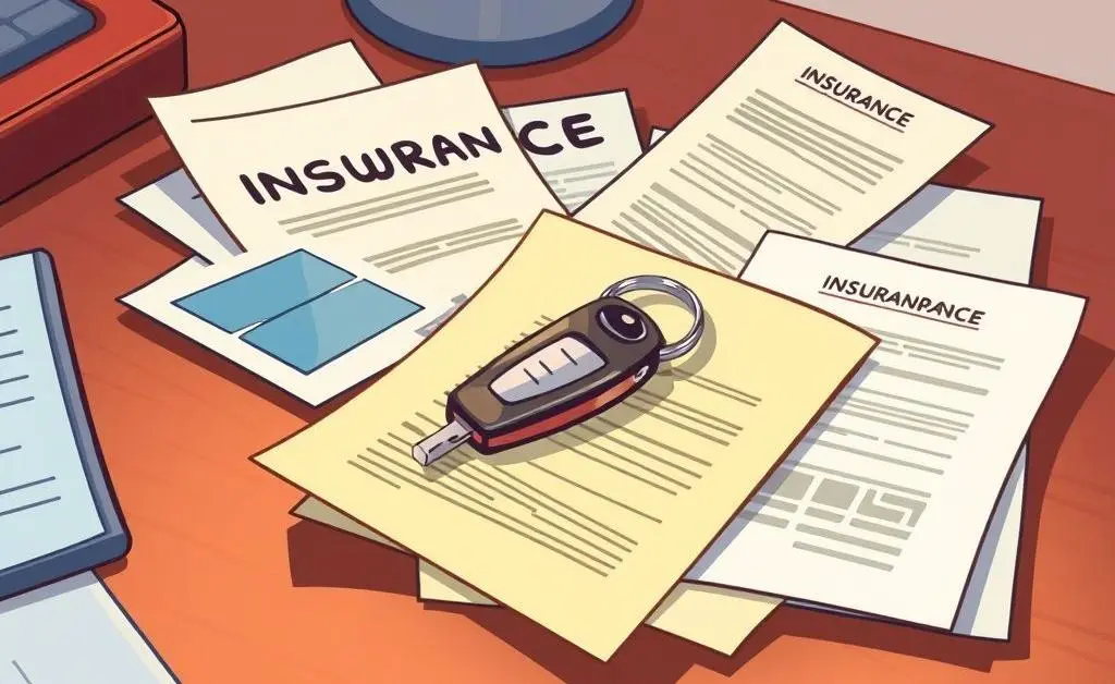 A variety of insurance documents and a car key on a desk.