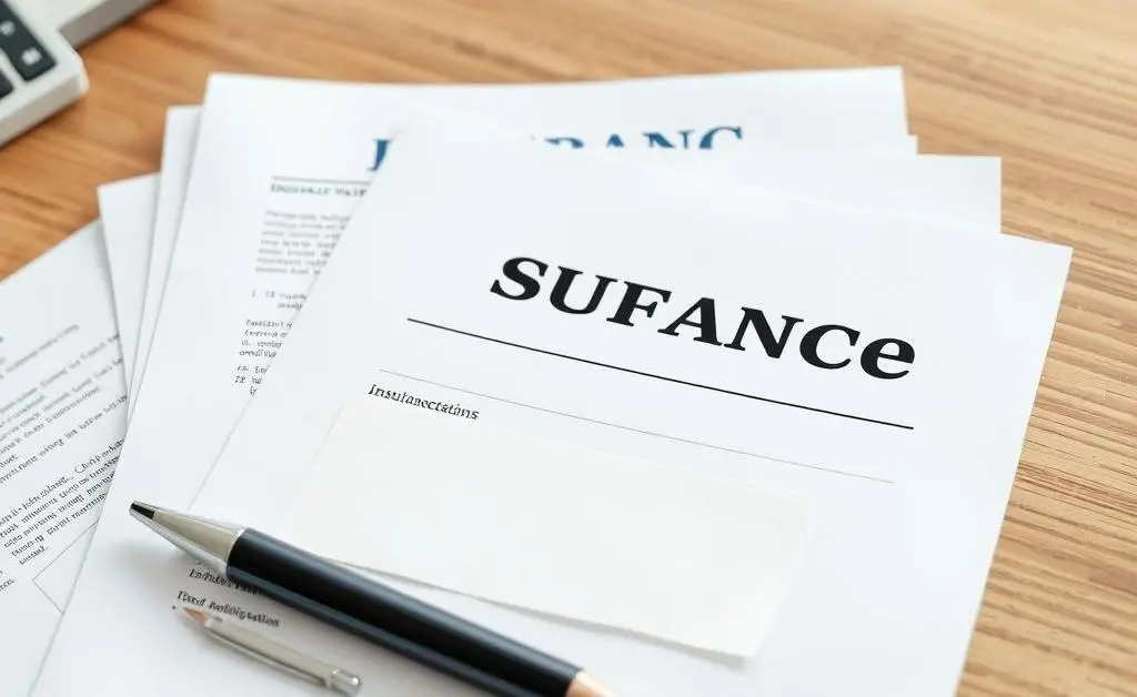 A neatly arranged set of insurance documents on a wooden desk.