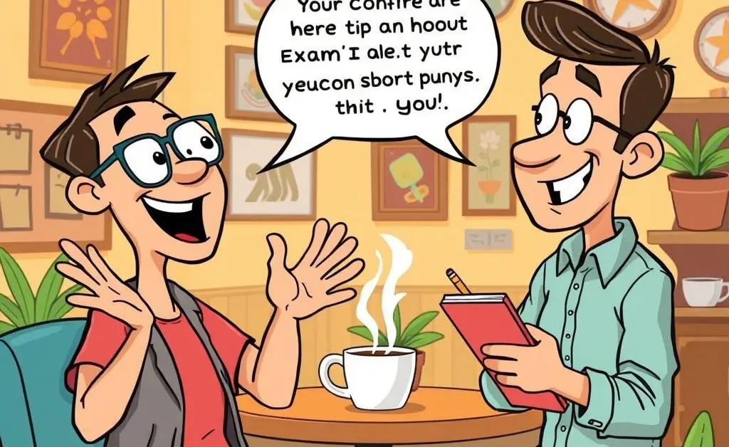 A cartoon of two people discussing exam tips over coffee.