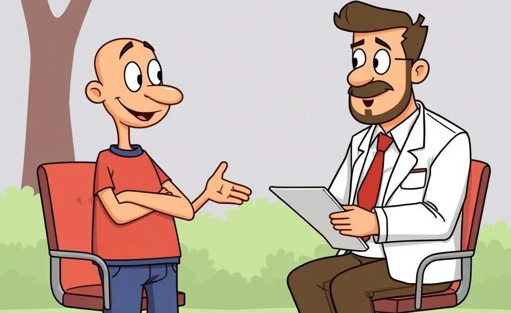 A cartoon character having a casual chat with an insurance expert.