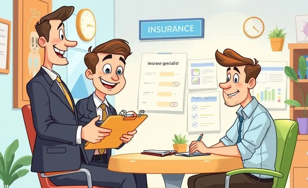 A friendly cartoon of an insurance expert talking to a client.