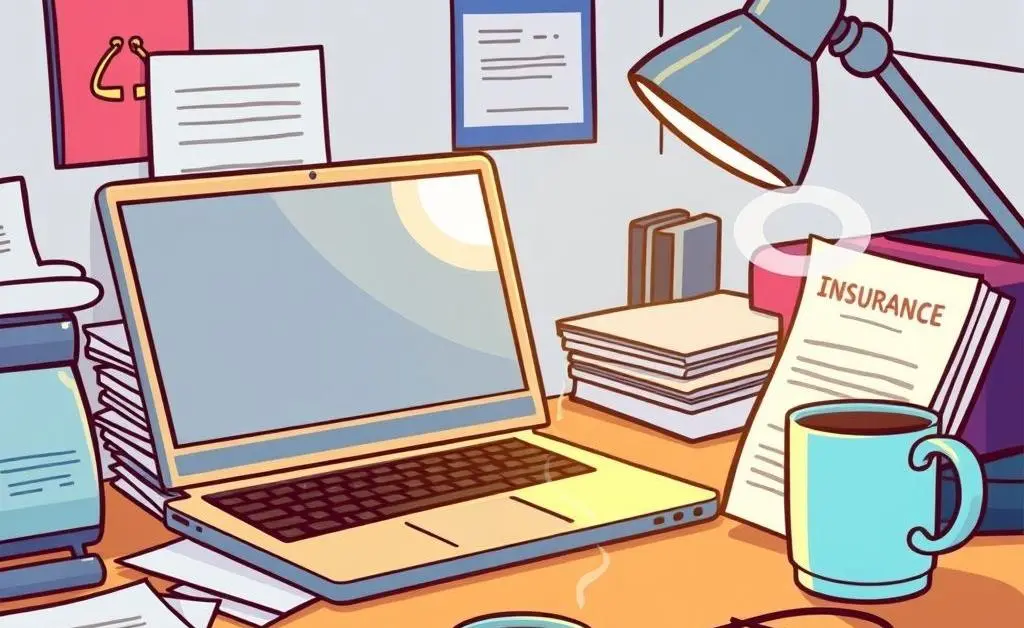 Desk with insurance documents and a laptop