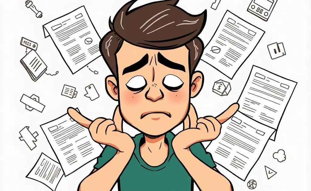 Cartoon-style image showing doodles of a frustrated person surrounded by car insurance bills and documents.