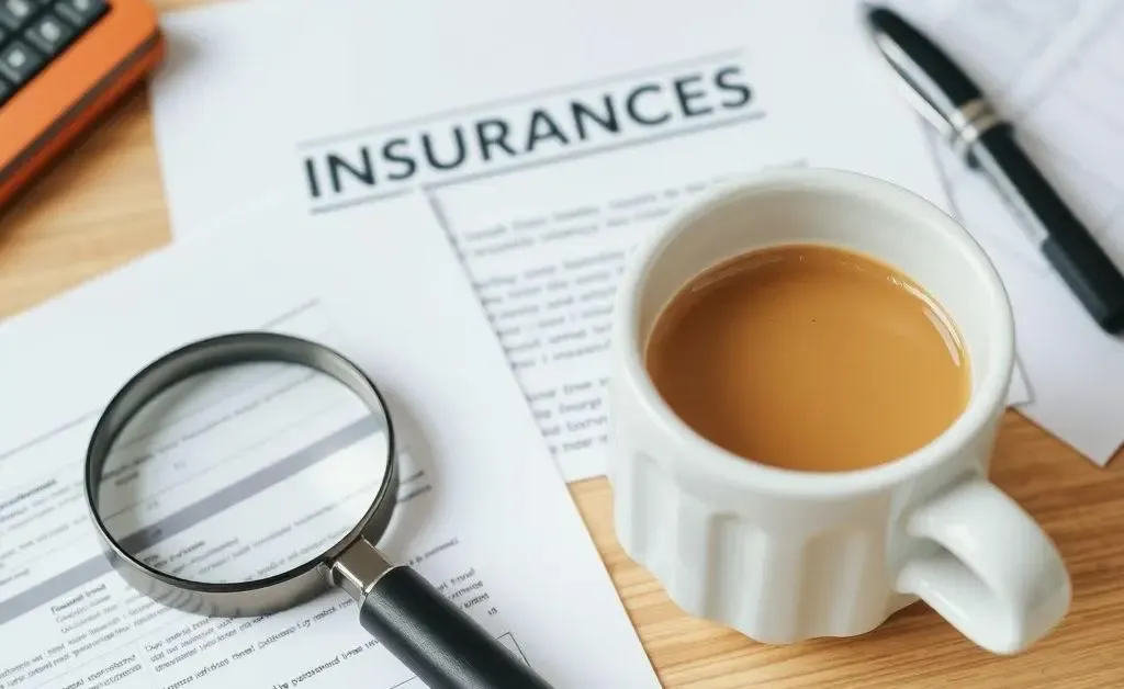 A desk with insurance documents, a magnifying glass, and a coffee cup.