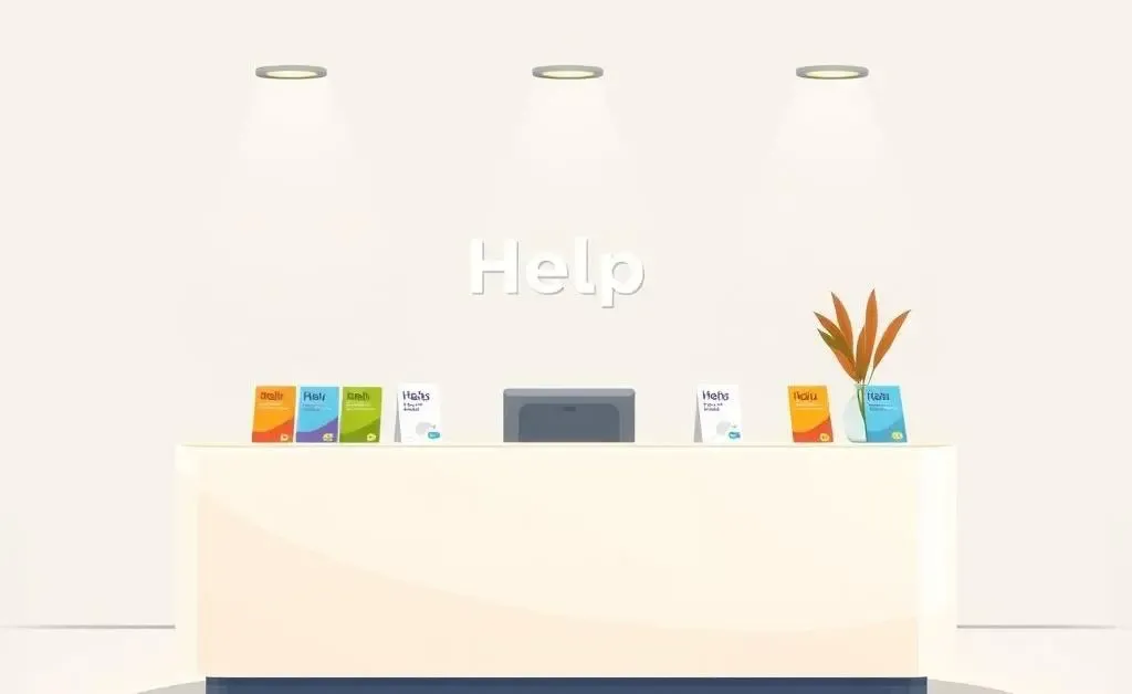 A minimalist cartoon of a help desk with insurance brochures on display.