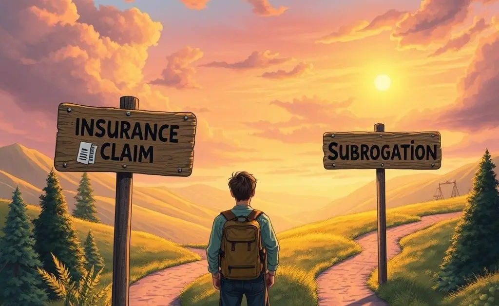 A traveler at a fork in the road, one path labeled 'Insurance Claim' and the other 'Subrogation'.