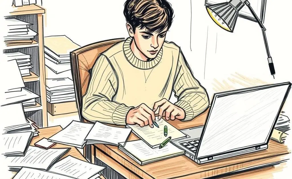 A person sitting at a desk, surrounded by notes and a laptop, preparing for an interview.