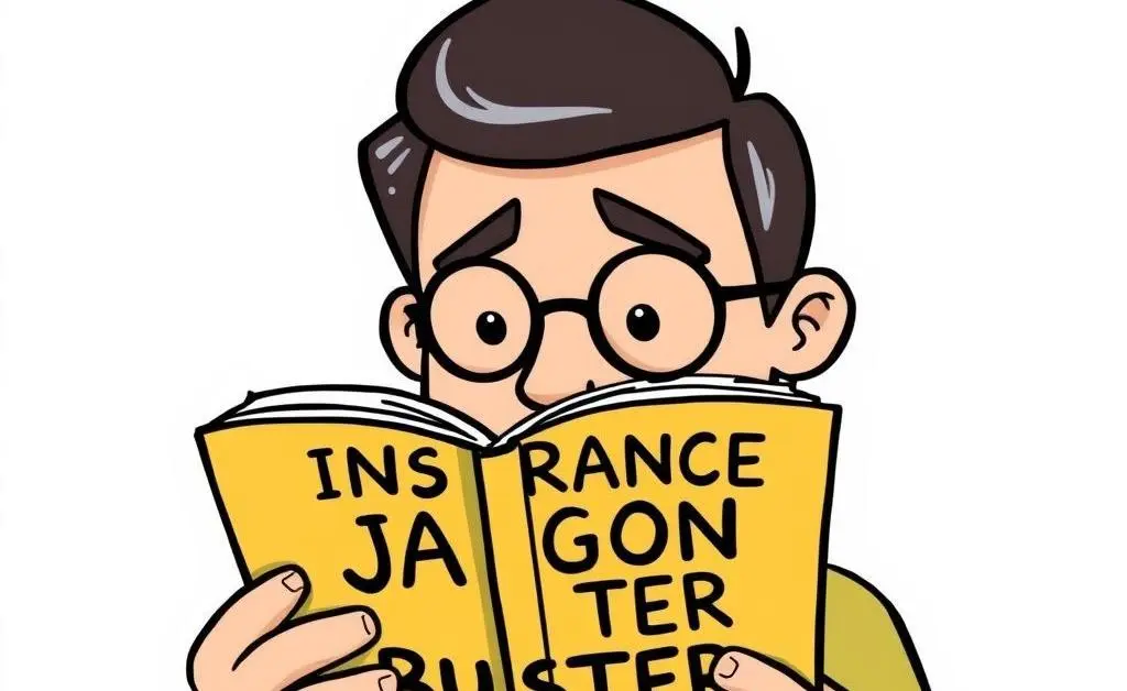 An illustration of a person looking at a book titled 'Insurance Jargon Buster'.