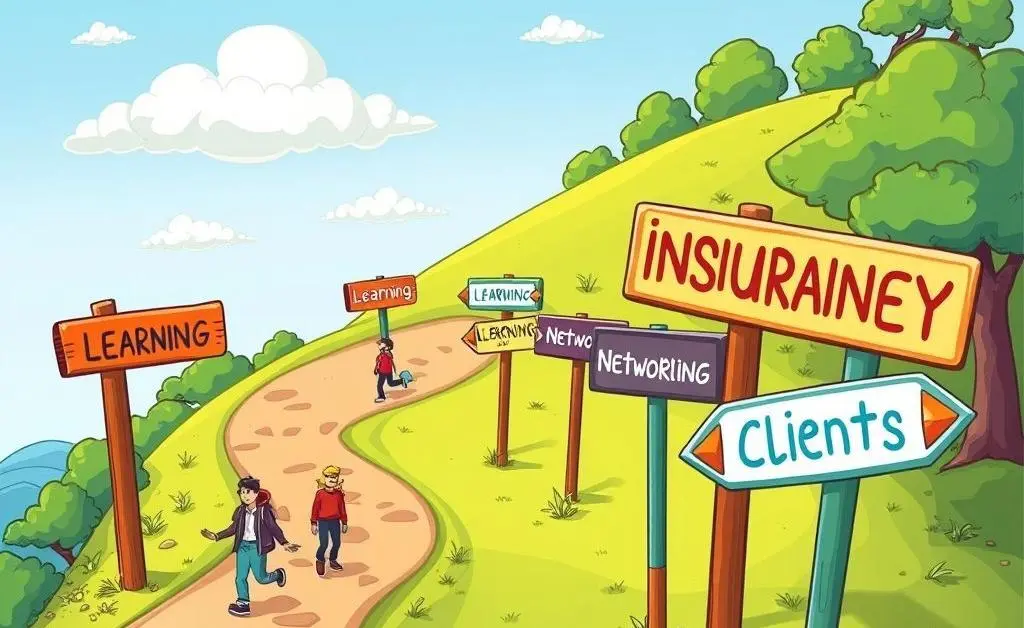 A path labeled 'Insurance Journey' with signs at various stages
