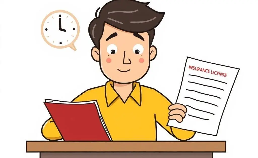 A cartoon showing a person studying and passing an insurance license exam.