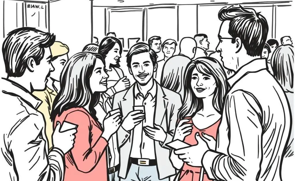 Hand-drawn image of a lively networking event