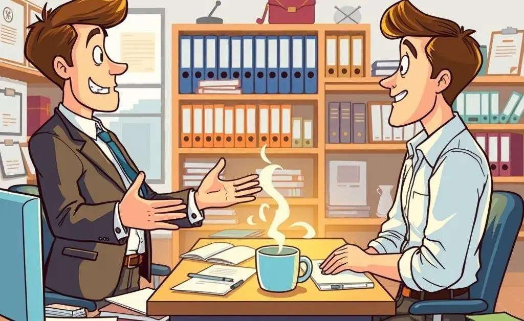 Cartoon drawing of two people discussing in an insurance office with papers and a cup of coffee.