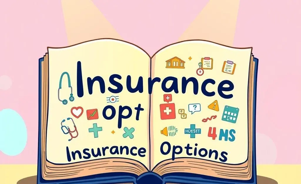 An open book labeled 'Insurance Options' with health insurance policy icons.