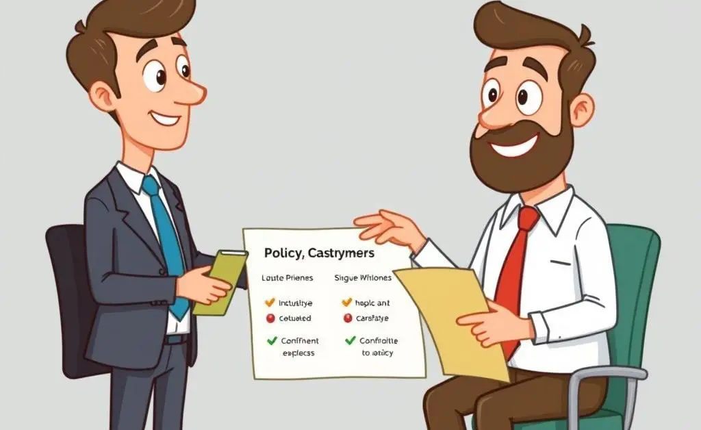 A cartoon-style image of an insurance broker showing different policy options to a customer