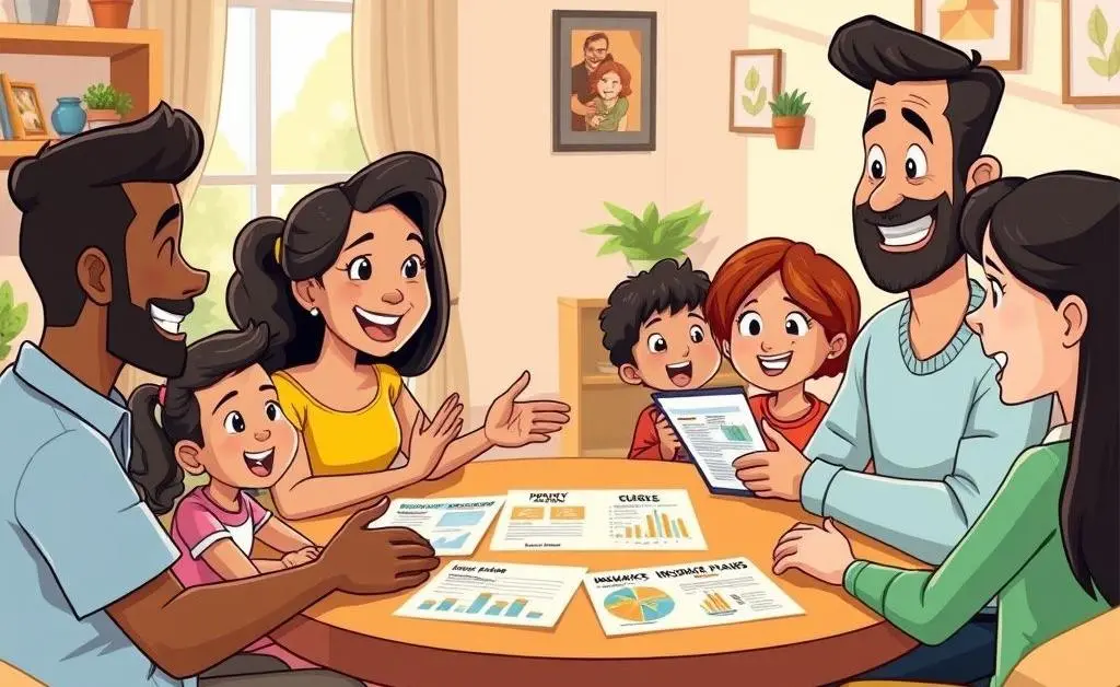 A diverse family discussing different insurance options at a table.