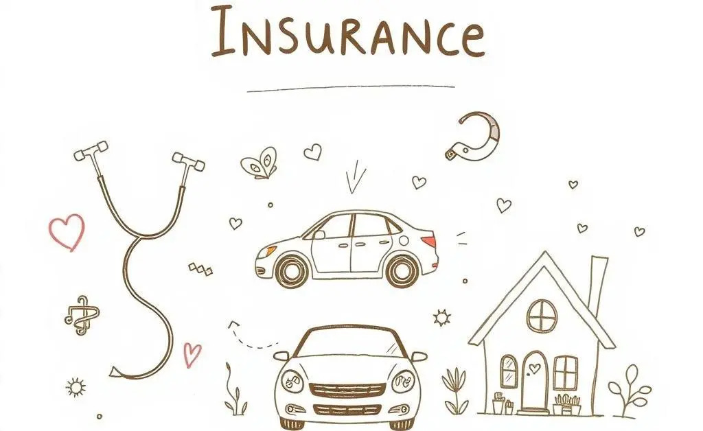 Hand-drawn aesthetic of different types of insurance policies, such as health, auto, and home