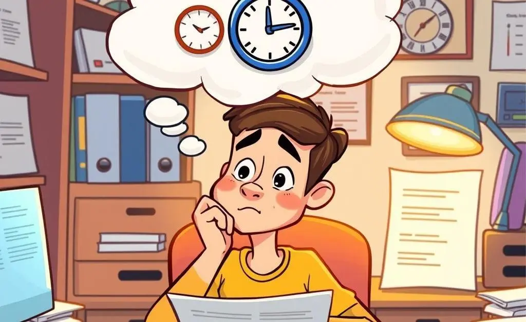 Cartoon of a person pondering over insurance papers with a thought cloud showing a clock and calendar.