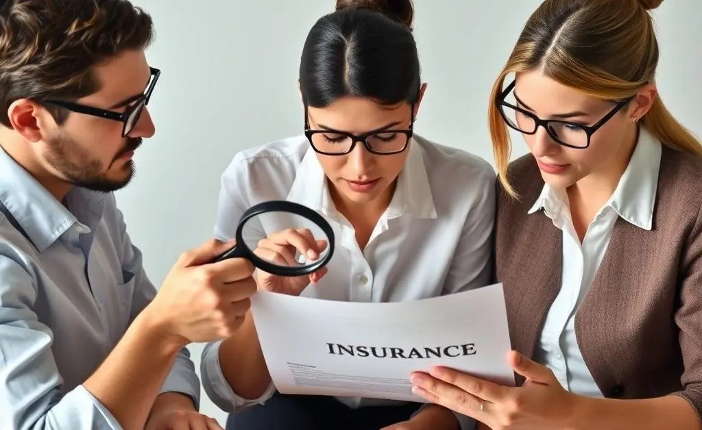 Three people looking over insurance documents with a magnifying glass