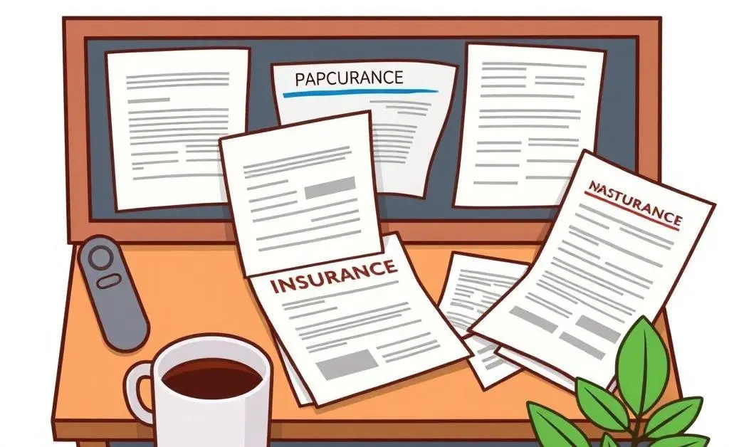 Desk with insurance paperwork, a coffee mug, and a small plant.