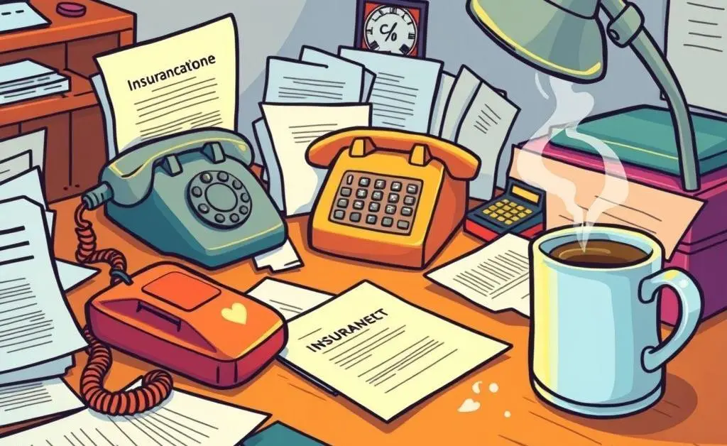 Desk with insurance forms, a phone, and a cup of coffee, ready for phone calls