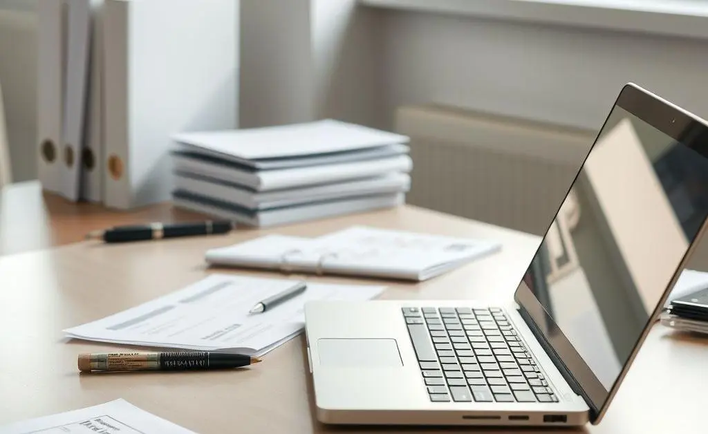 A neat desk with scattered insurance paperwork and a laptop