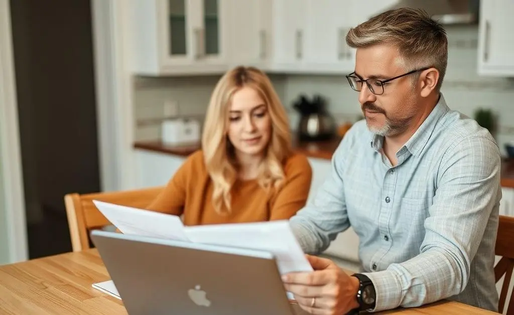 A couple reviewing insurance paperwork at the table.