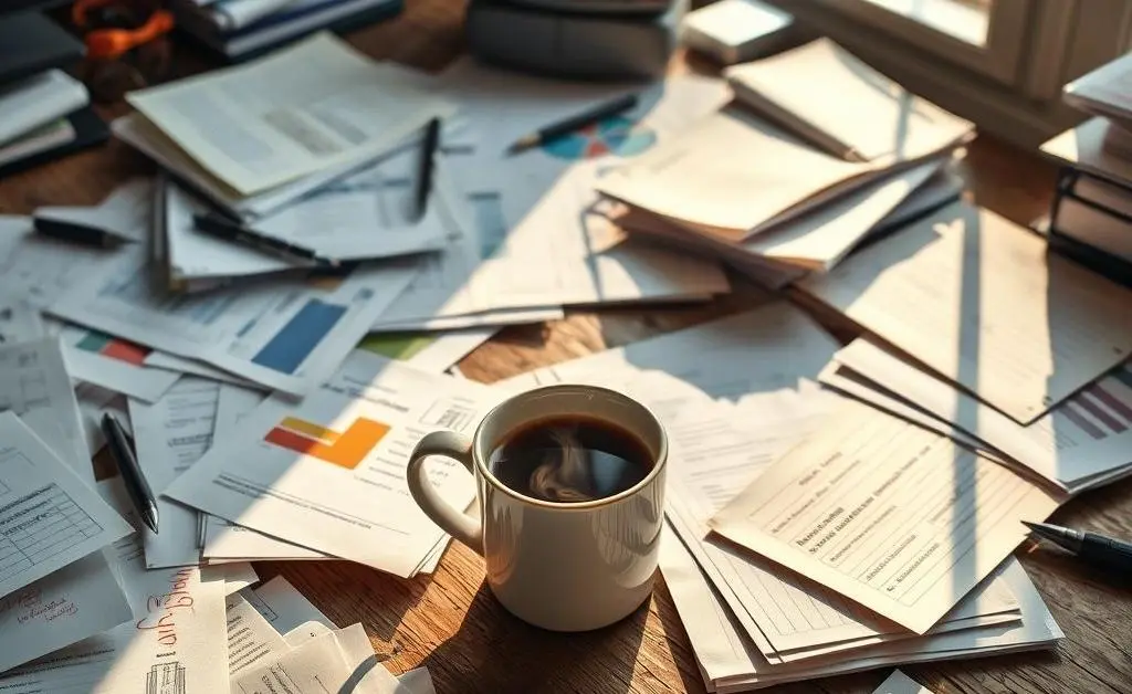 A desk cluttered with insurance paperwork and a cup of coffee