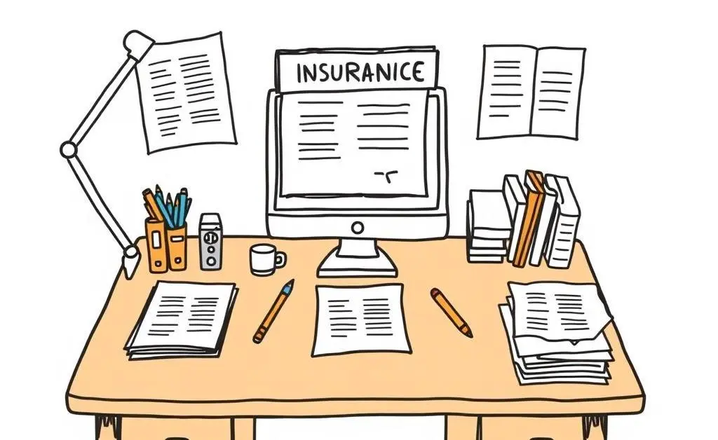 Hand-drawn image of a desk neatly organized with insurance paperwork
