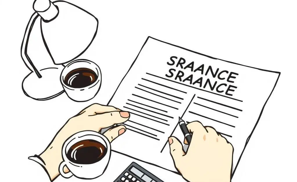 A hand-drawn scene of a person filling out insurance paperwork at a desk with coffee and calculator
