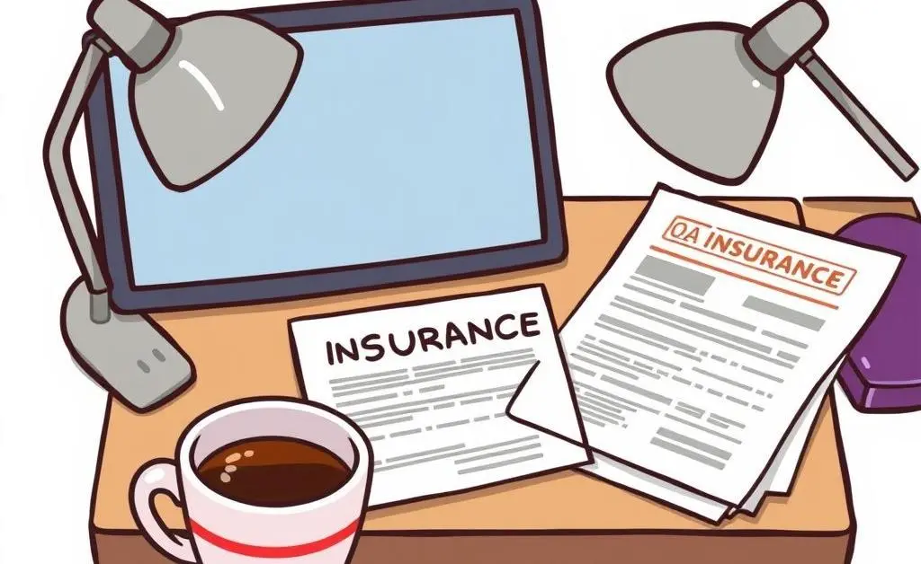 Cartoon-style illustration of a desk with insurance paperwork and a cup of coffee.