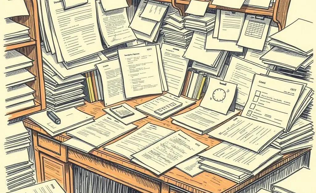 Desk filled with various insurance paperwork