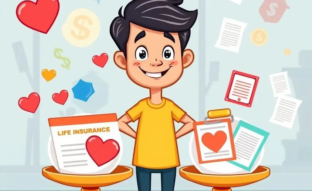 Cartoon-style image of a person balancing different types of life insurance policies on scales