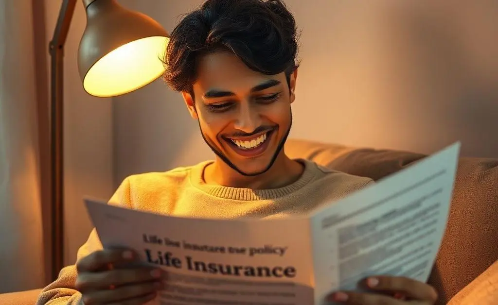 A person happily reading a life insurance policy under a warm lamp light.