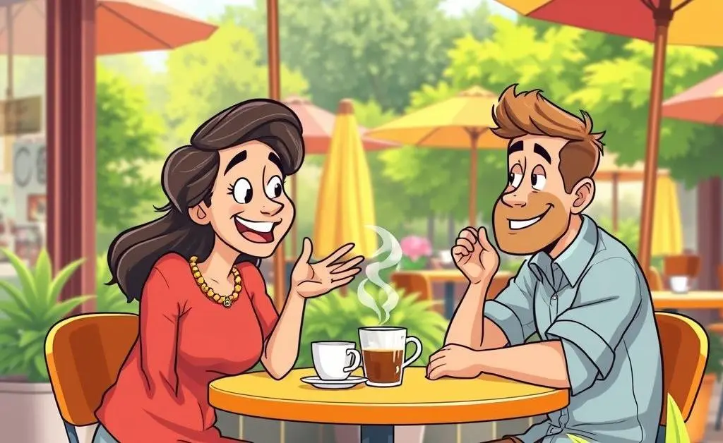 Two friends discussing insurance policy limits over coffee.