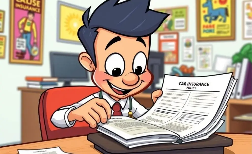A cartoon-character reviewing car insurance policy documents at a desk.
