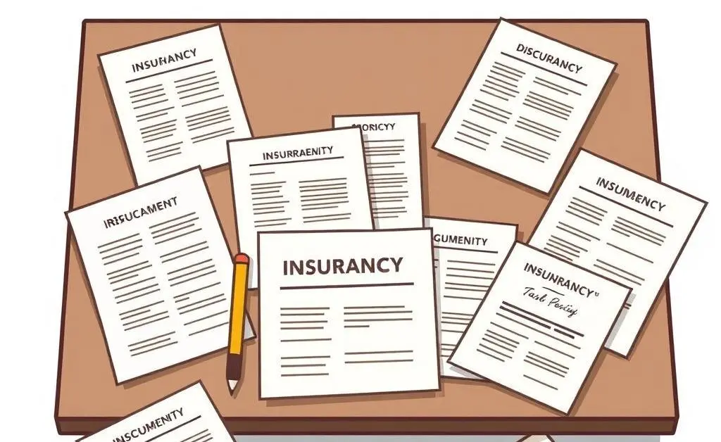 Variety of insurance policy documents on a table.